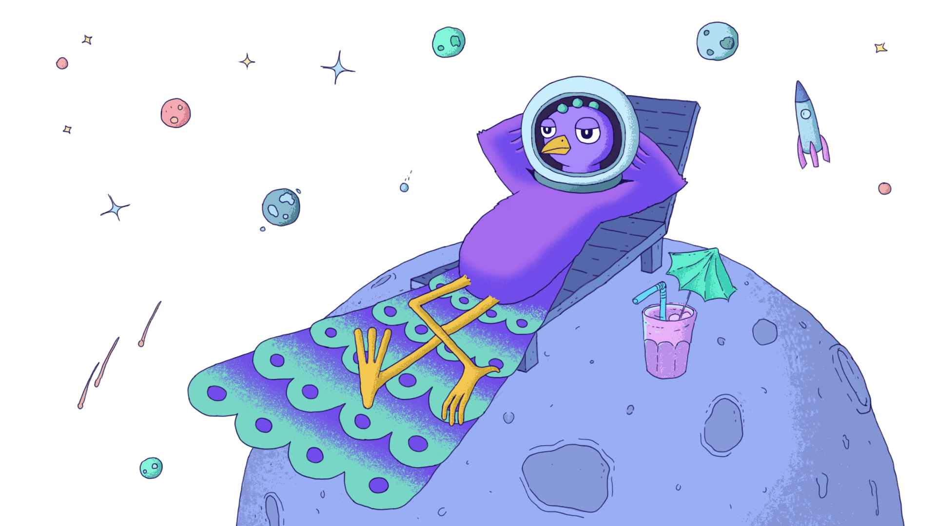 Peacock sitting on the moon and drinking lemonade.